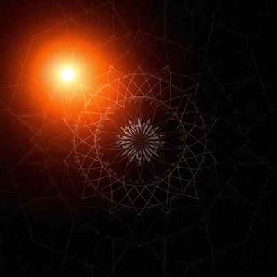 The primary subject of the image is a large, intricate web pattern. The setting is a dark background, which contrasts with the web pattern. The visual style is a combination of digital art and illustration, creating a unique and captivating design. The dominant colors are black and orange, giving the image a bold and striking appearance. The overall atmosphere is mysterious and enigmatic, as the web pattern seems to be a central focus of the image.